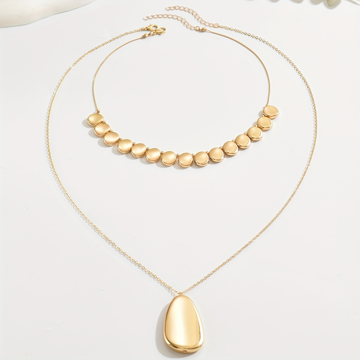 Geometric Beaded Short and Long Chain Pendant Necklaces Set